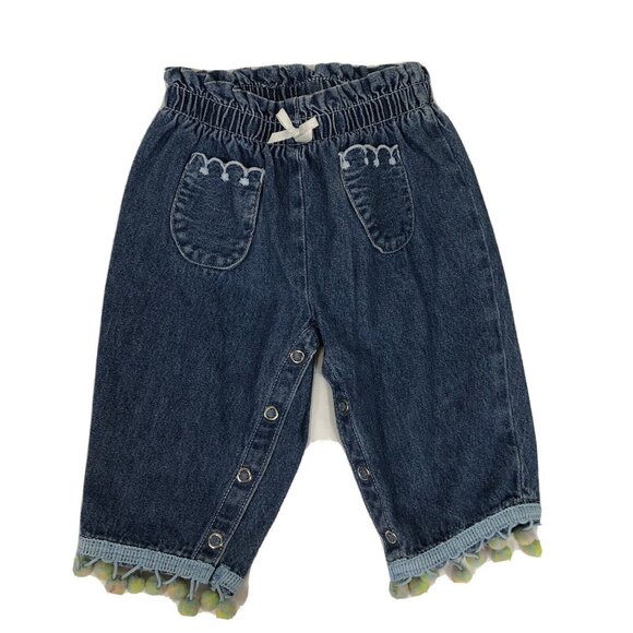 Girls Cowboys & Angel Denim Pants Elastic waist 3-6 M Floral Embroidered pompom - Picture 1 of 6